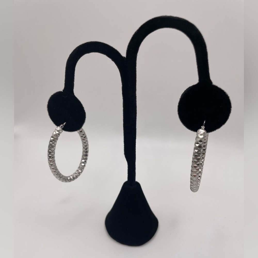 MILOR Italy Diamond-Cut Oval Hoop Earrings 14K White Gold